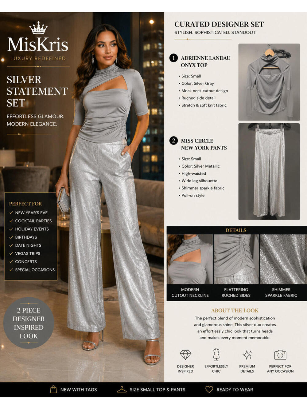 Adrienne Landau Onyx Cutout Top & Miss Circle Silver Shimmer Wide Leg Pants 2 Pc